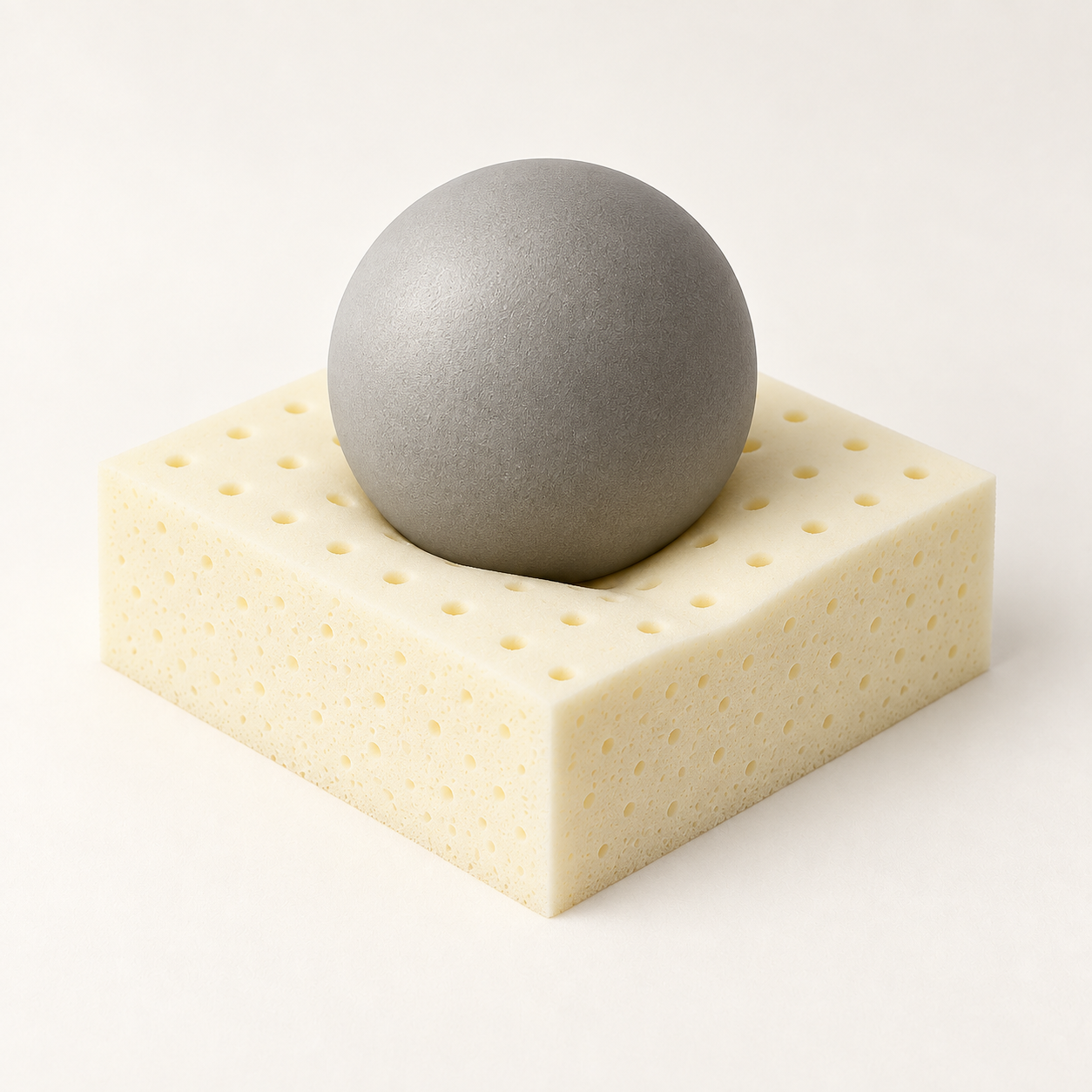 Latex illustration: a gray ball pressing into a cream perforated foam square