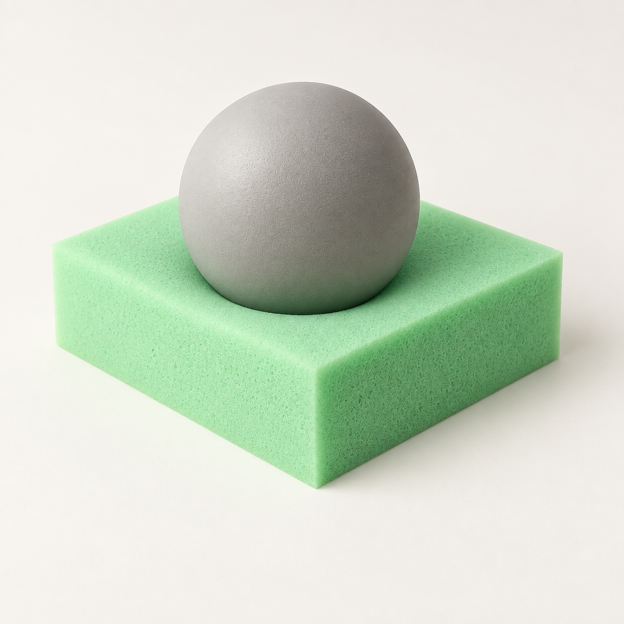 Medium foam illustration: a gray ball making a moderate dip in a green foam square