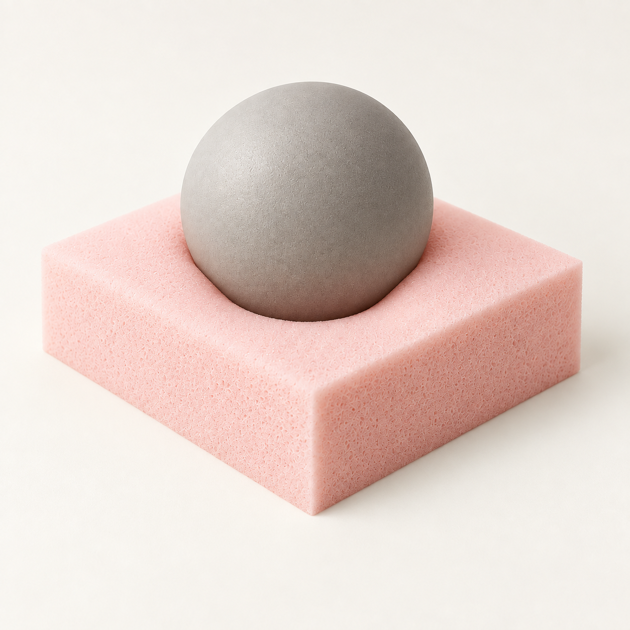 Memory Foam illustration: a gray ball cradled in a pink foam square