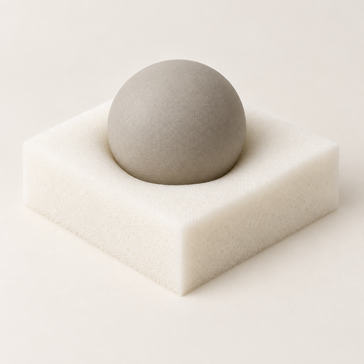 Soft foam illustration: a gray ball sinking into a white foam square