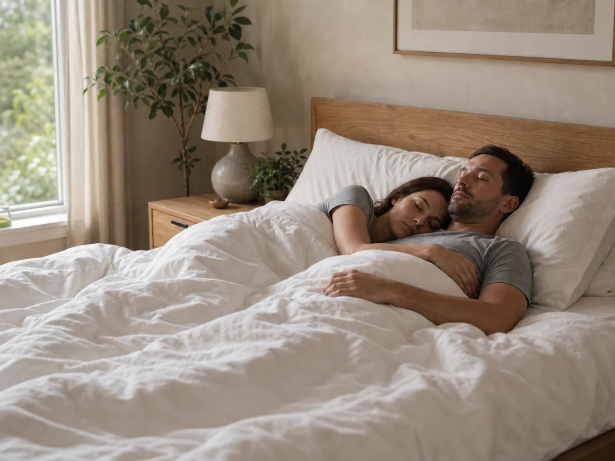 Couple sleeping comfortably under breathable light bedding