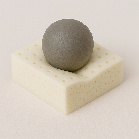 Latex Foam sample with a weight on it. 