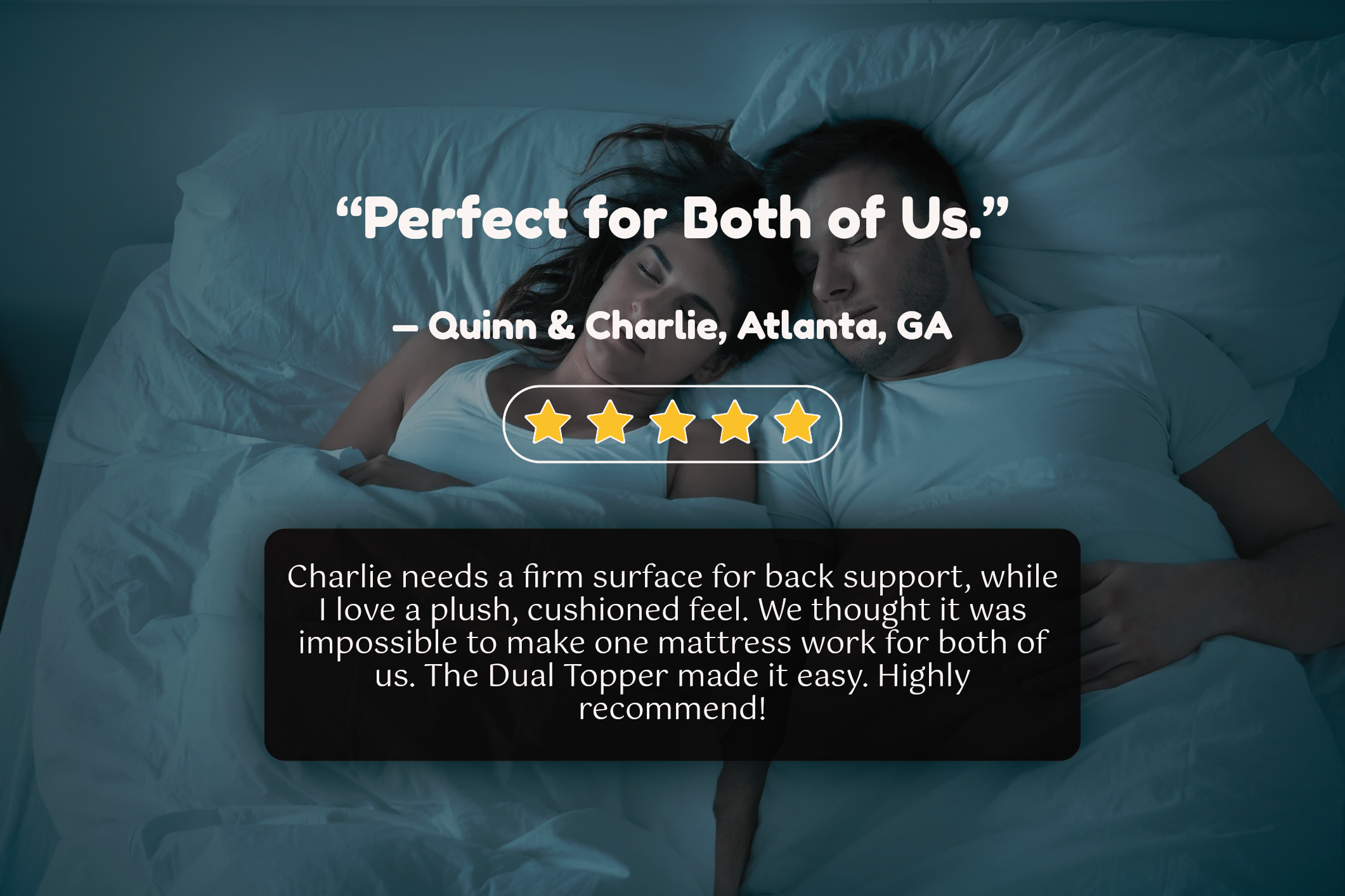 Two people lying in bed with a mattress topper, text overlay from Quinn & Charlie, Atlanta, GA.