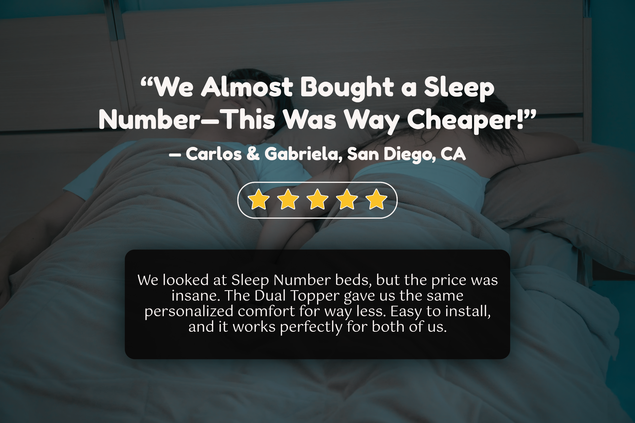 Person lying in bed with text overlay about a sleep number product comparison.