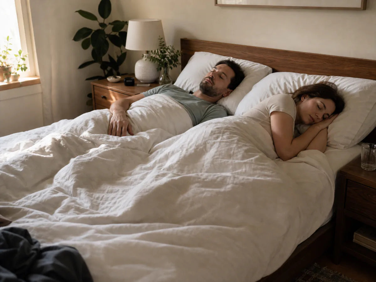 Two partners sleeping beside each other in different positions